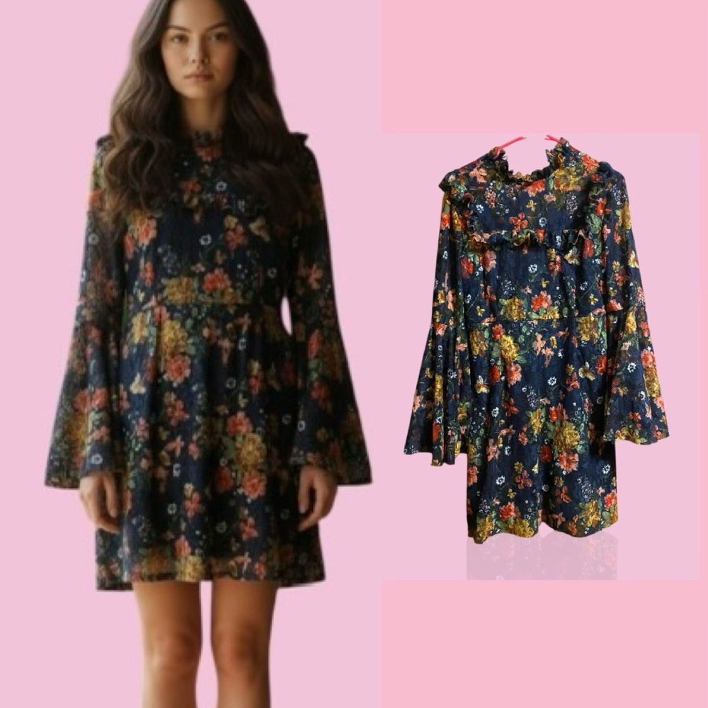 SHEIN Navy Blue Multicolor Floral Lace Dress